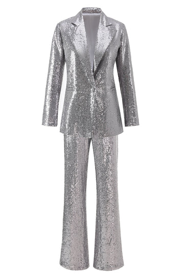 Sparkly Silver Notched Lapel 2-Piece Women Prom Suits